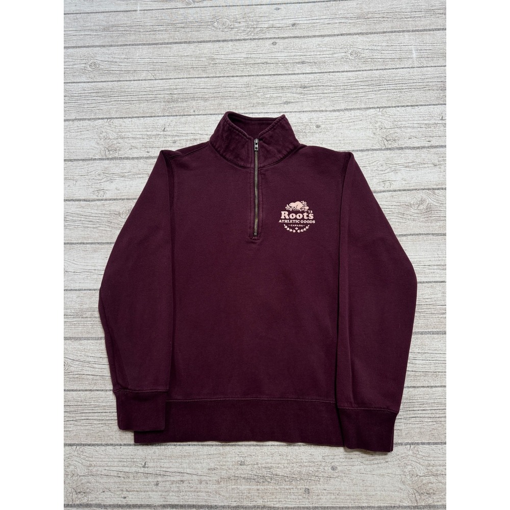 Roots Canada Sweatshirt Mens Large Burgundy Athletic Fleece Quarter Zip Pullover